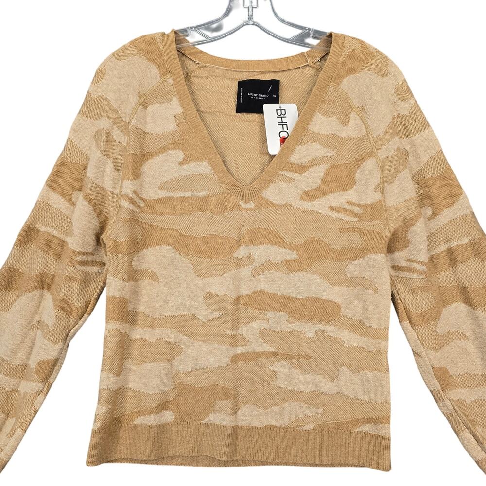 Lucky Brand Light Brown Camo Sweater NEW Womens Size XS Long Sleeves V-Neck Knit